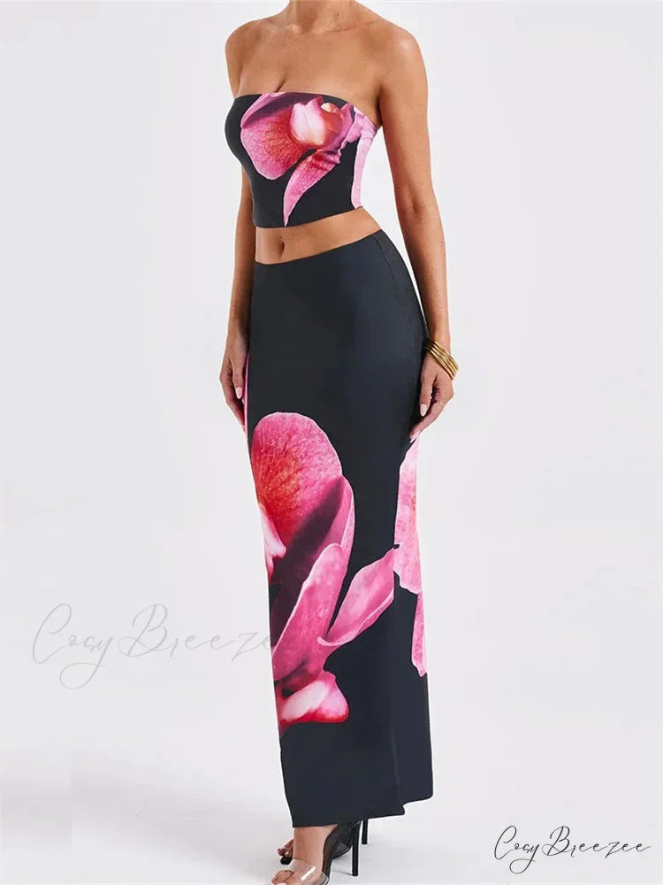 Alluring Floral Print Tube Top Elastic Waist Bodycon Skirt Set skirt-250126
