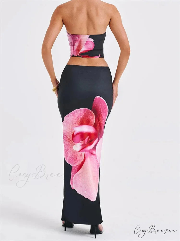 Alluring Floral Print Tube Top Elastic Waist Bodycon Skirt Set skirt-250126