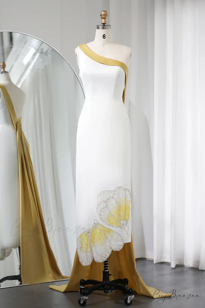 Ameena Beaded Graceful One-Shoulder Midi Dress Yellow / 2