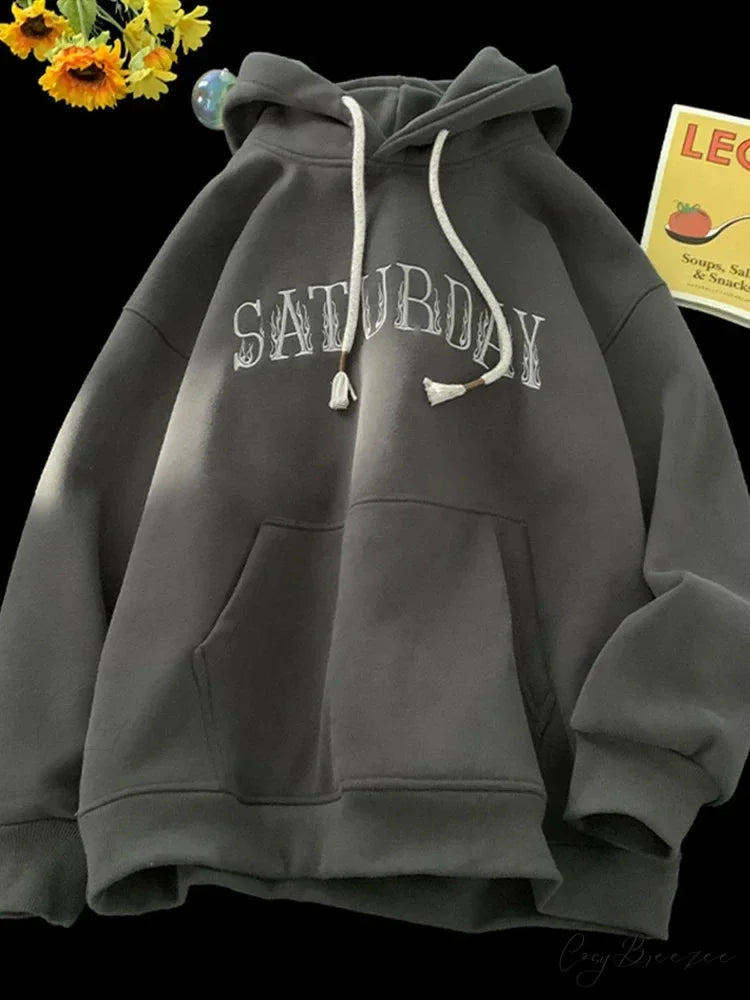 American Flame Print Fleece Y2K Hoodie Dark Grey / M(40-45KG) hoodies-241228