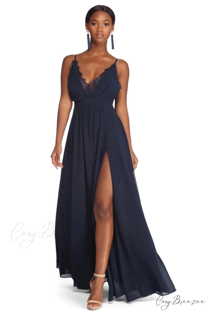 Angelique Formal High Charming Slit Lace Dress NAVY / S