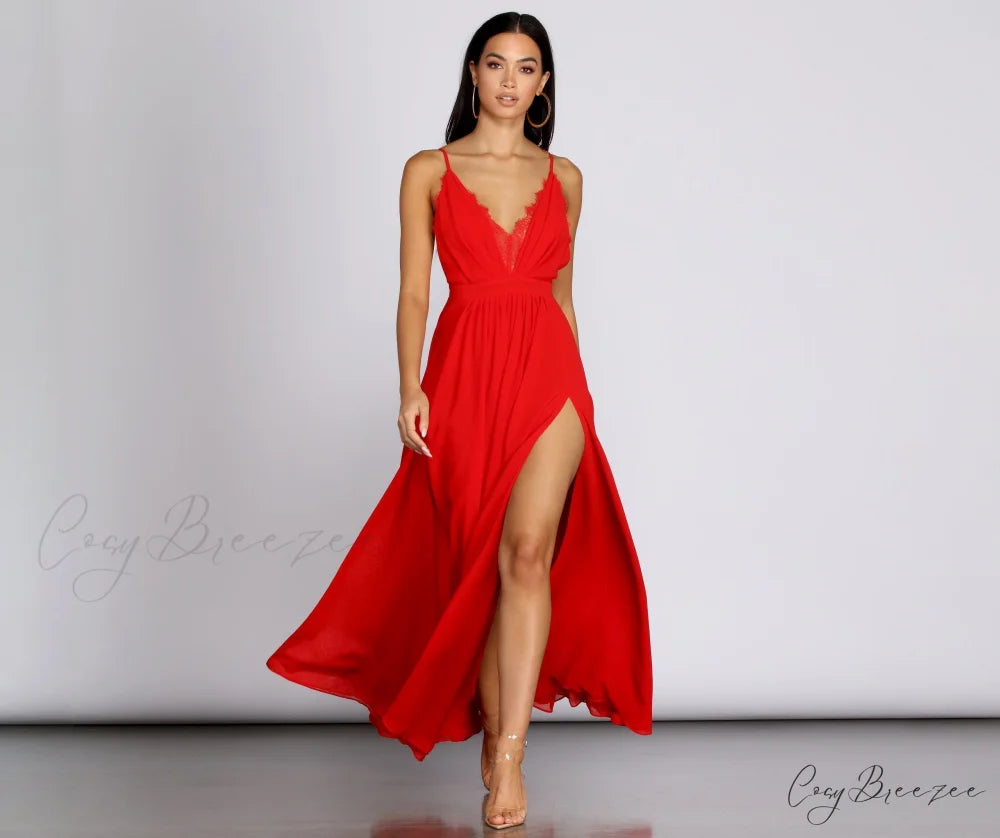 Angelique Formal High Charming Slit Lace Dress RED / S