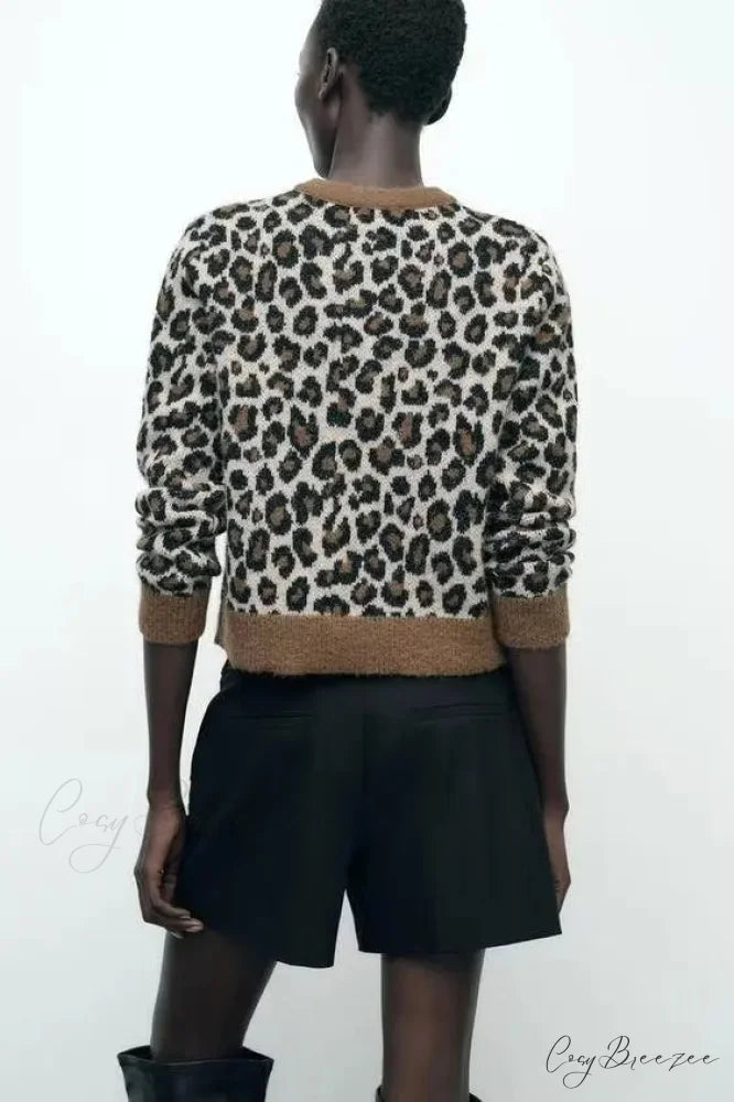 Animal Pattern Leopard Round Neck Cardigan cardigans-241228