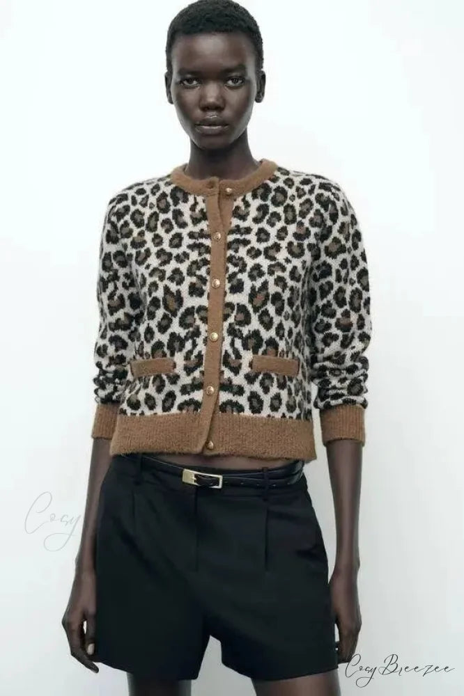 Animal Pattern Leopard Round Neck Cardigan MULTI / S cardigans-241228