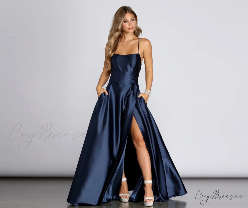 Anne Formal Stylish Lattice Satin Dress NAVY / XS