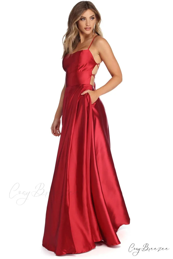 Anne Formal Stylish Lattice Satin Dress RED / XS