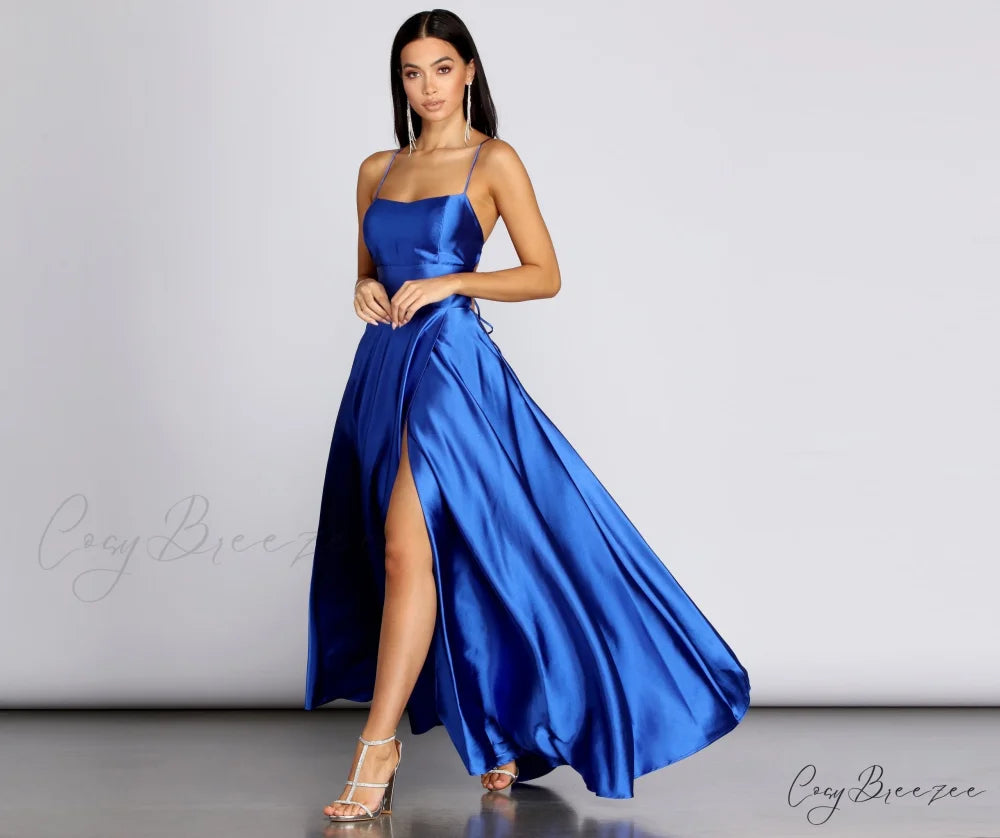 Anne Formal Stylish Lattice Satin Dress ROYAL / XS