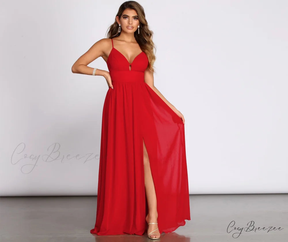Arlyn Chiffon Deep Charming V A Line Dress RED
