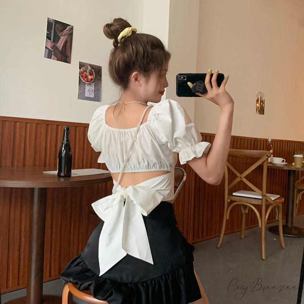 Arm Bandage Black New Cropped Pink Fashion Neck - Spring French Women Boxy Autumn Blouse Bow - Top Women Back Puff