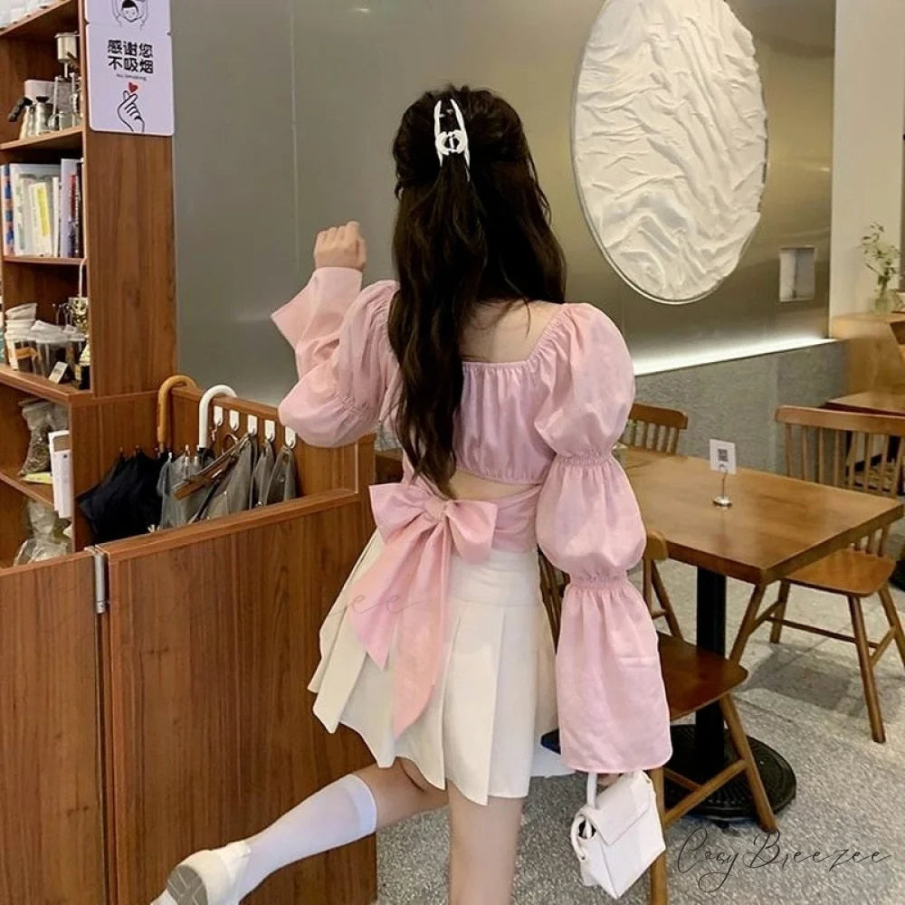 Arm Bandage Black New Cropped Pink Fashion Neck - Spring French Women Boxy Autumn Blouse Bow - Top Women Back Puff
