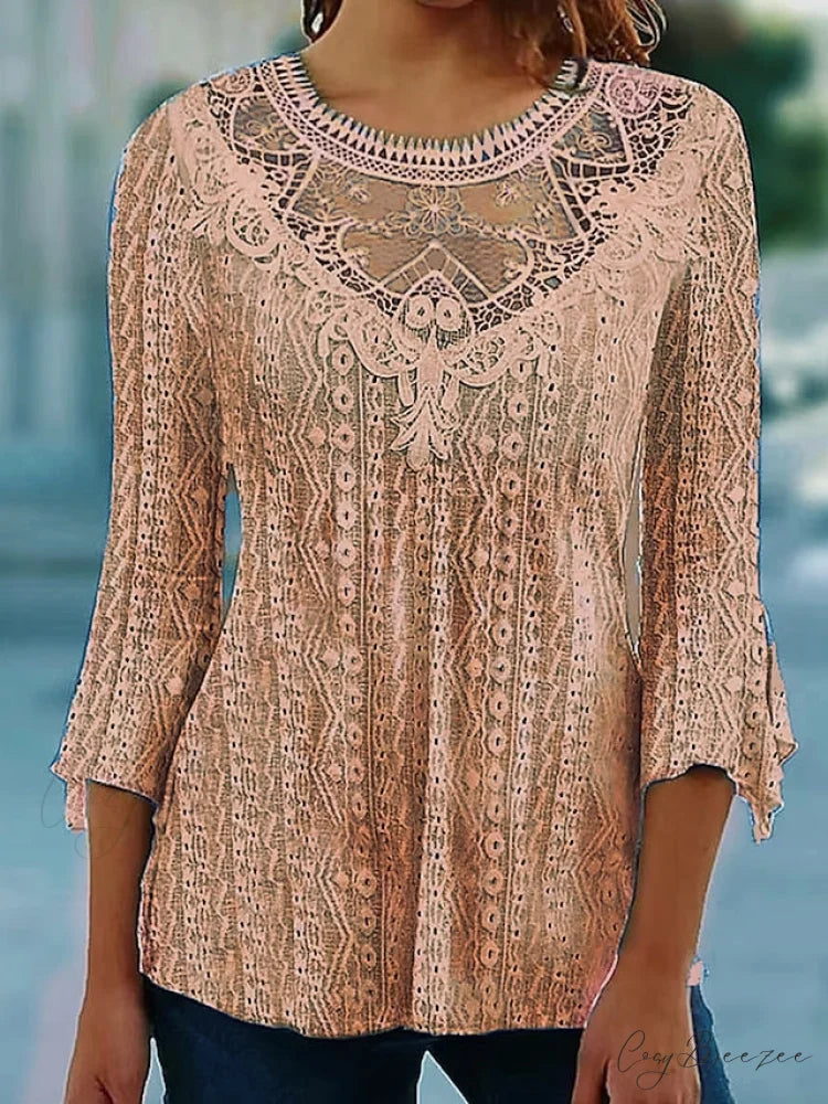 Arm Blouse Neck Black Blouse Pink Round White Lace 3/4 Casual Women’s Regular S Khaki / S