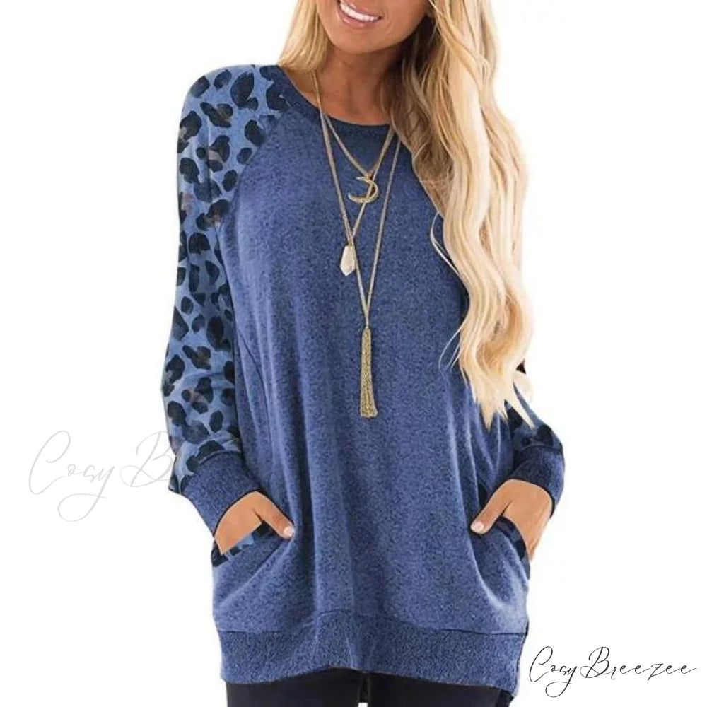 Arm Edition Long Sweatshirt Pullover Leopard Women’s with Soft Haute Print Blue / S