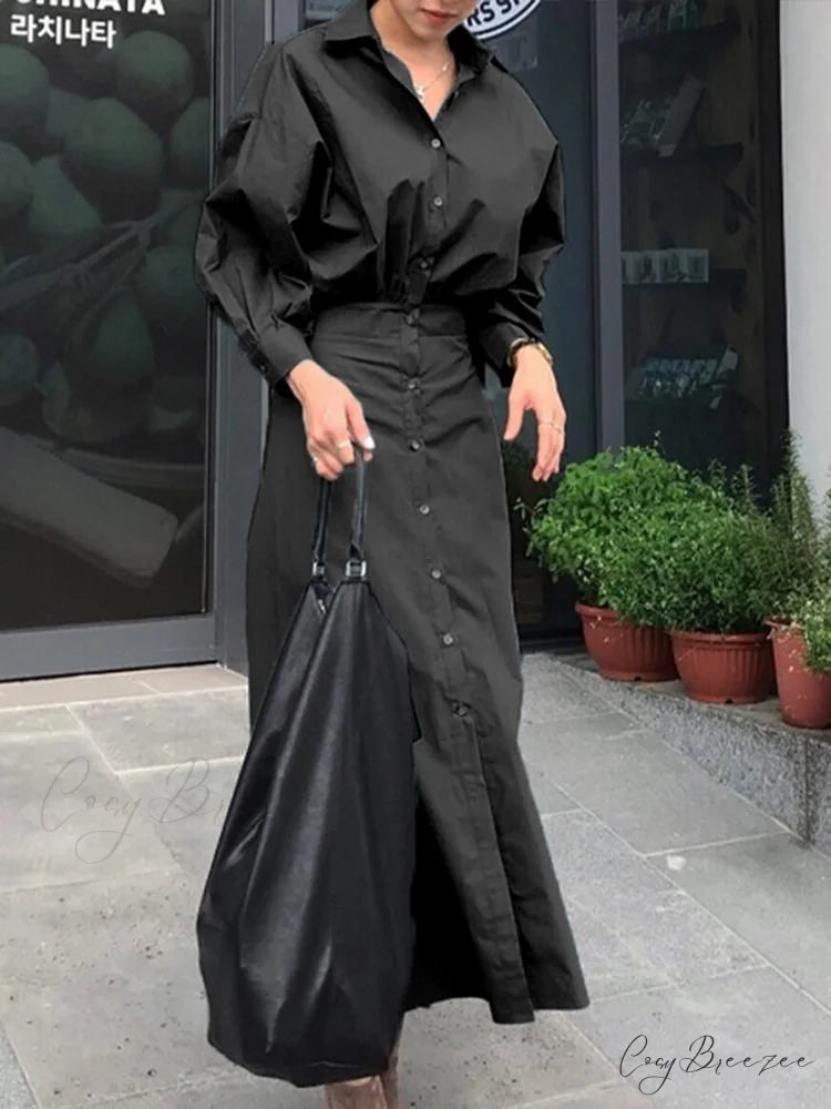 Arm Full-Length Vestidos Casual Female Robe Lapel Gown A Line Blouse Fashion Long Solid Oversized Black / S
