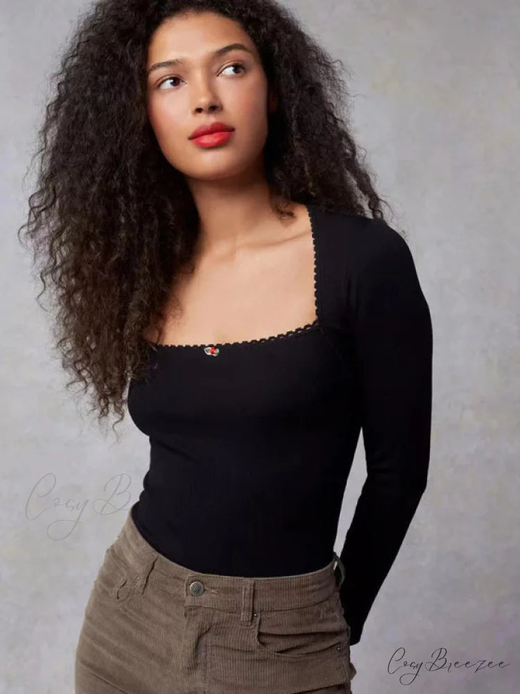 Arm Stretch Flower Boxy Long Thread T-Shirt Body Women’s Neck Knitted Top Black / S