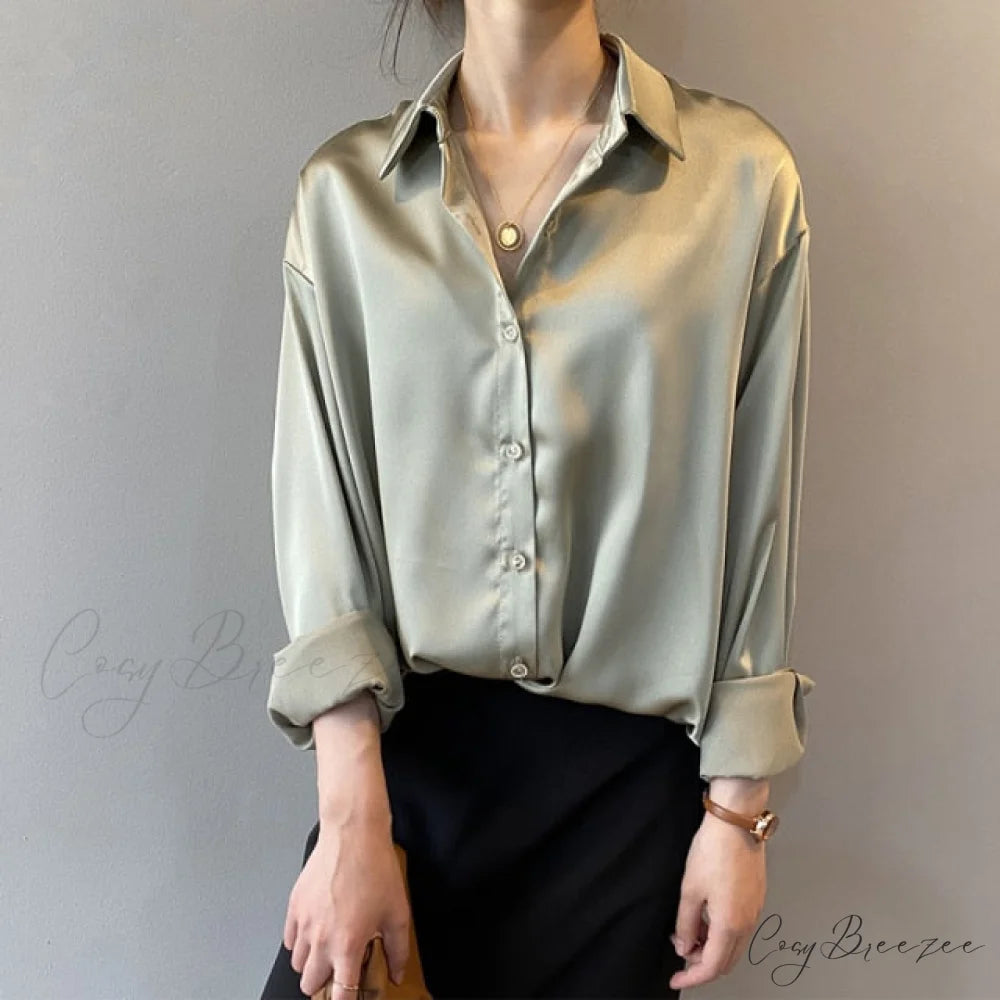 Arm Vintage Ladies Satin Korean Office Long Blouse Button Up Silk Elegant Blouse White Tops S / Green