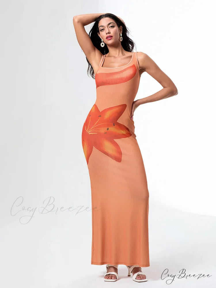 Asymmetric Neck Tank Sleeveless Wrap Bodycon Vacation Dress floraldress-250126
