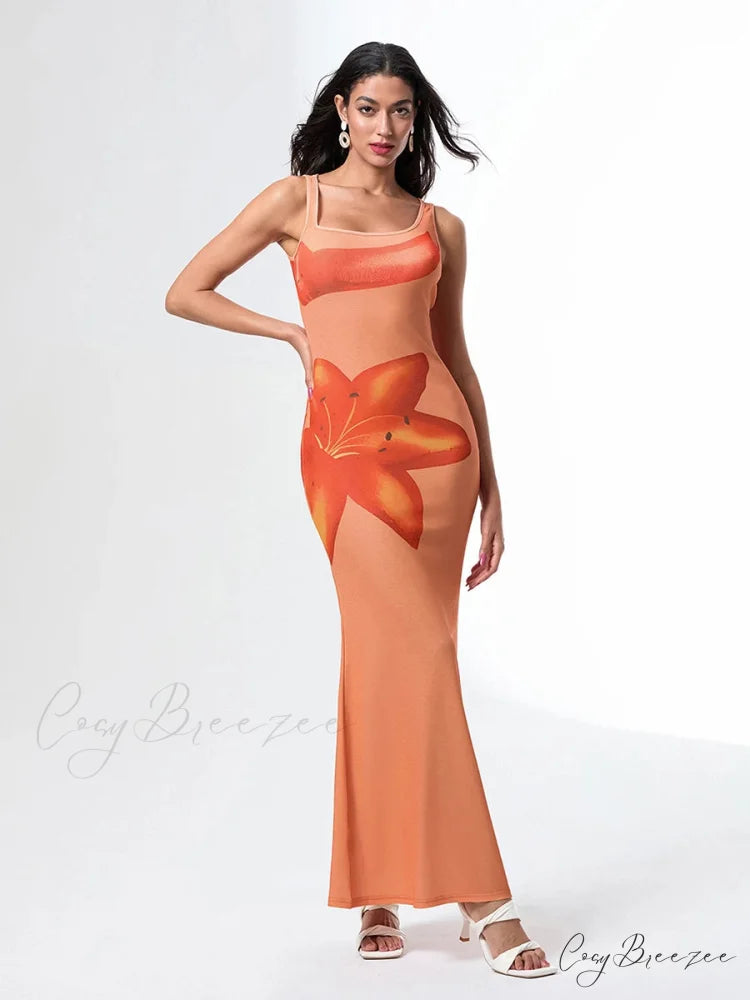 Asymmetric Neck Tank Sleeveless Wrap Bodycon Vacation Dress Orange / S floraldress-250126