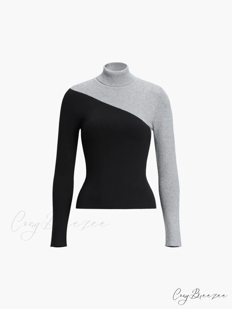 Asymmetric Patchwork Long Sleeve Modern Mock Neck Knit Top Light Grey / XS