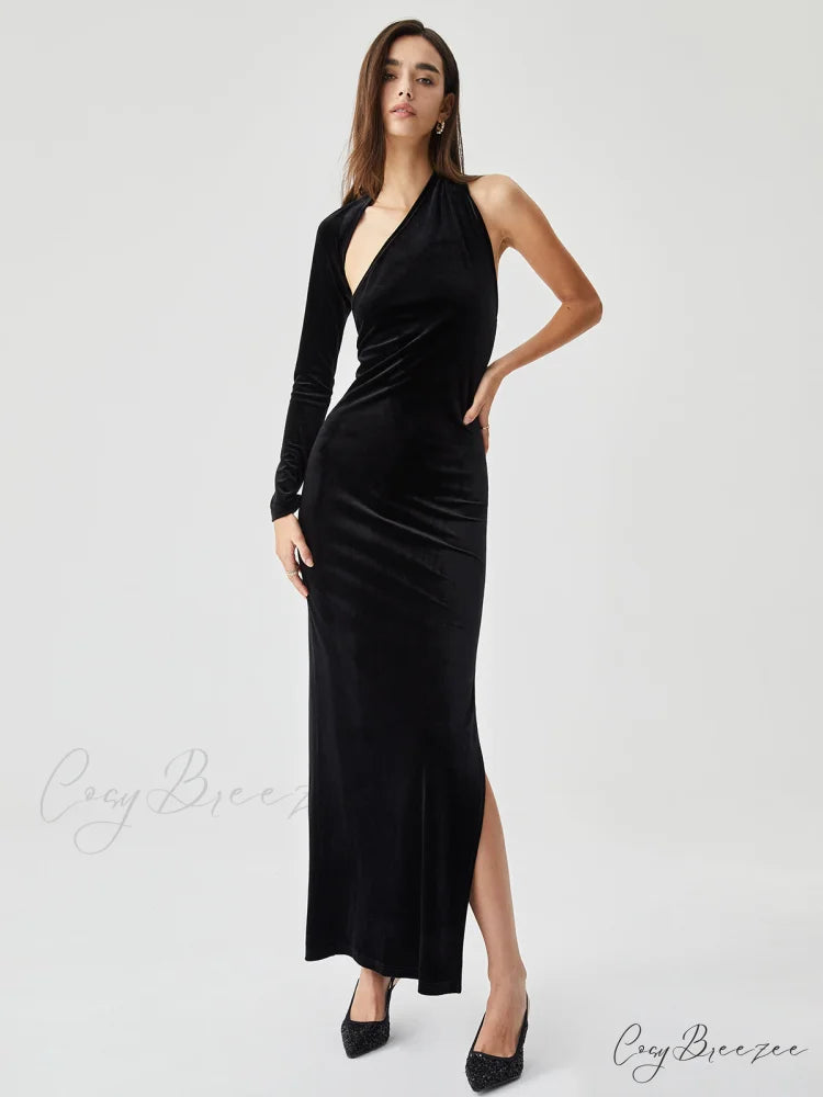 Asymmetric Sleeve Velvet Slit Modern Open Back Long Dress Black / XS