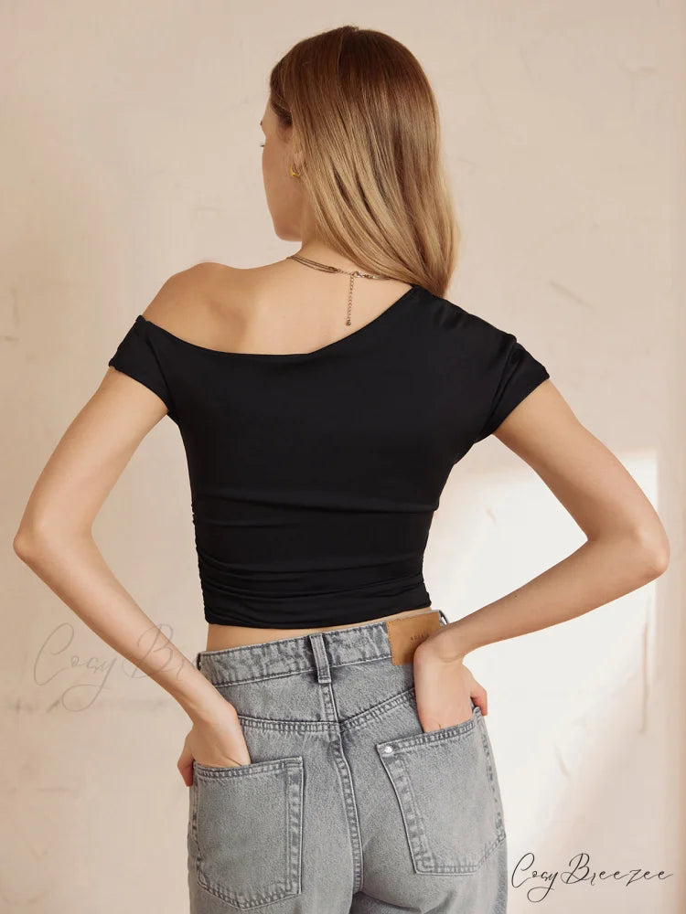 Asymmetrical Neck Graceful Crop Top