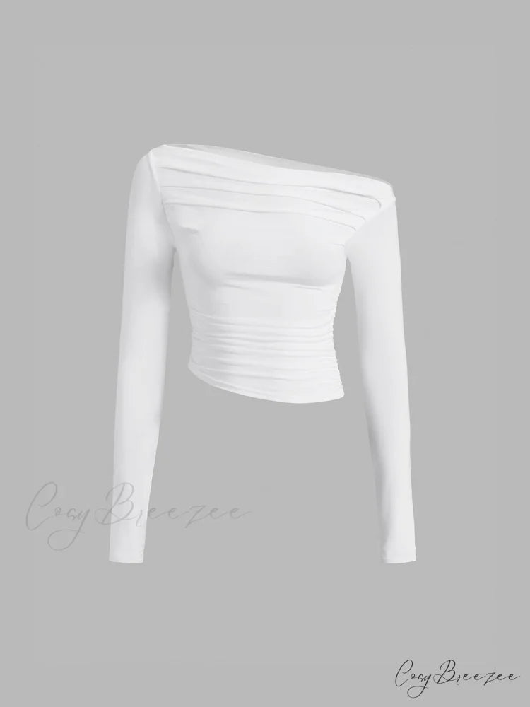 Asymmetrical Off Shoulder Trendy Long Sleeve Shirt
