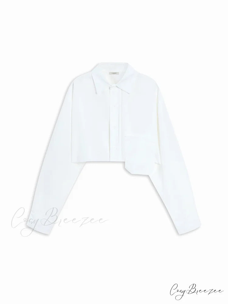 Asymmetrical Pocket Button Trendy Collar Crop Shirt