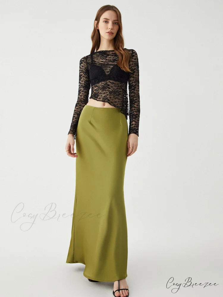 Asymmetrical Sheer Lace Trendy Long Sleeve Top