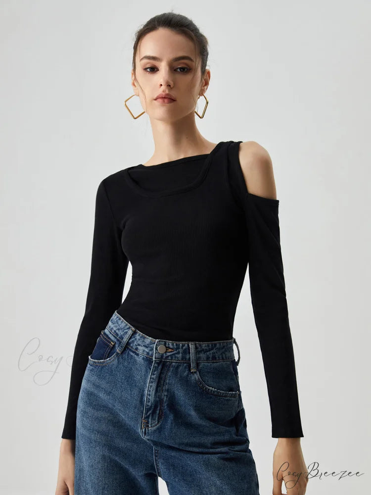 Asymmetrical Shoulder Cut Out Modern Long Sleeve Solid Top Black / XS