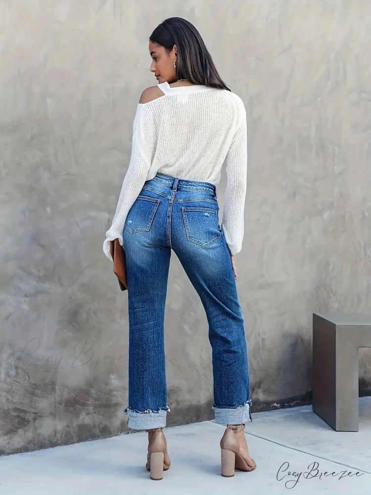 Asymmetrical Waist Casual Straight Loose Fit Rolled Hem Denim Jean