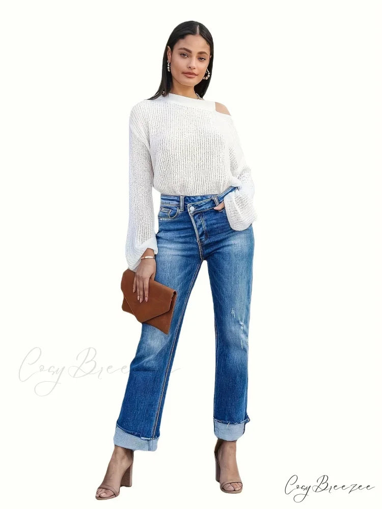 Asymmetrical Waist Casual Straight Loose Fit Rolled Hem Denim Jean