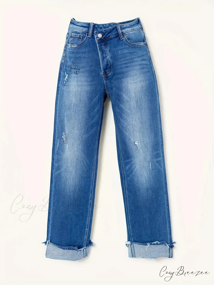 Asymmetrical Waist Casual Straight Loose Fit Rolled Hem Denim Jean