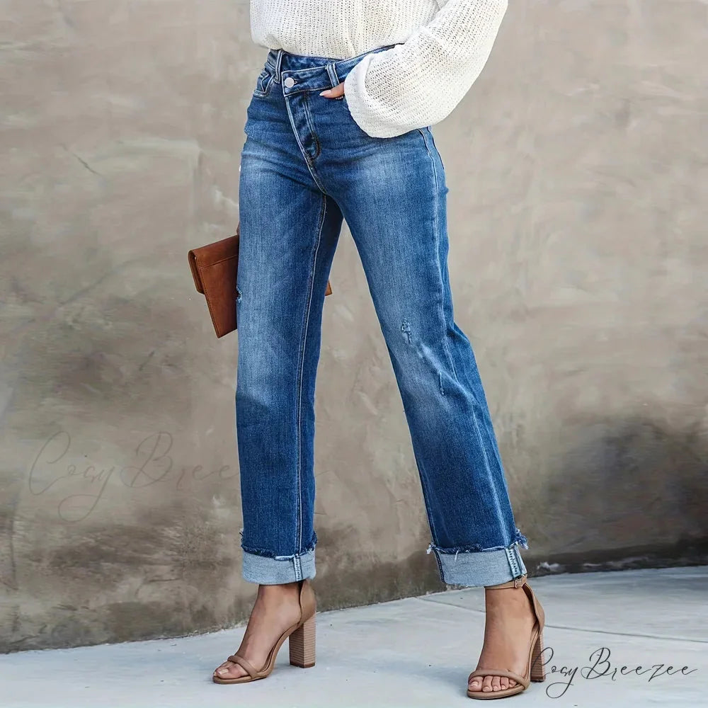 Asymmetrical Waist Casual Straight Loose Fit Rolled Hem Denim Jean Blue / 26