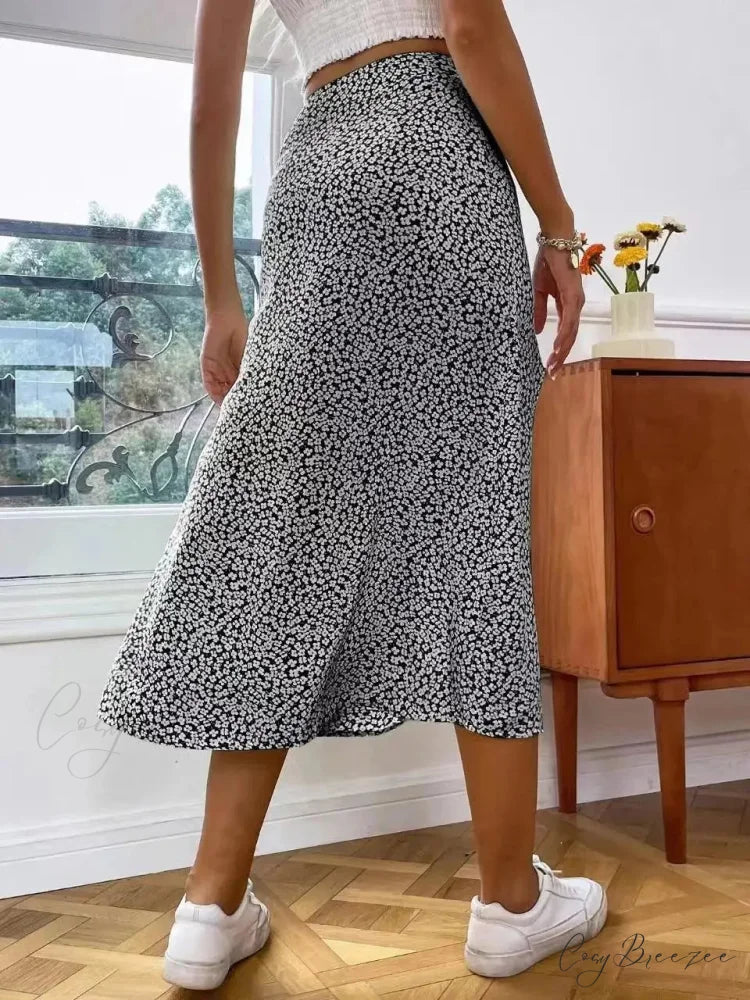 Autumn European American Floral Half Skirt A-line Wrap Hip Long skirt-250126