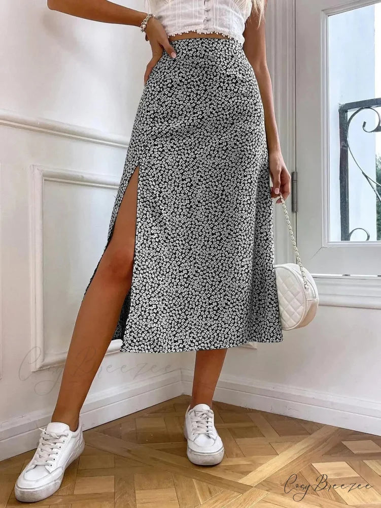 Autumn European American Floral Half Skirt A-line Wrap Hip Long skirt-250126