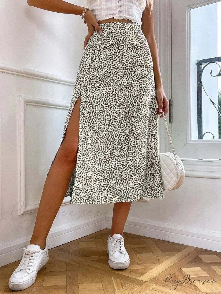 Autumn European American Floral Half Skirt A-line Wrap Hip Long Light Brown / S skirt-250126