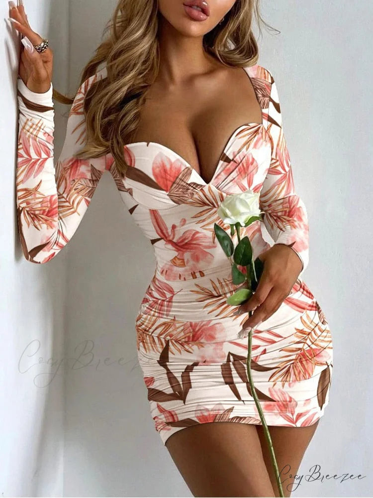 Autumn Fashion Flowered Brief Neck Gown Deep Casual Women Ruched Dresses V Sexy Party White Bodycon Elegant Print Pink