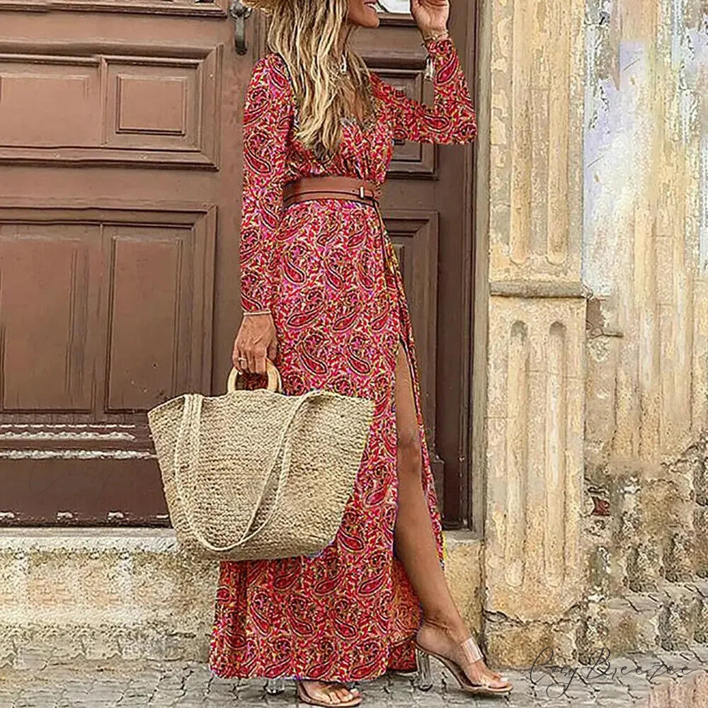Autumn Female Short Sleeve Sexy High Split Maxi Boho Dress