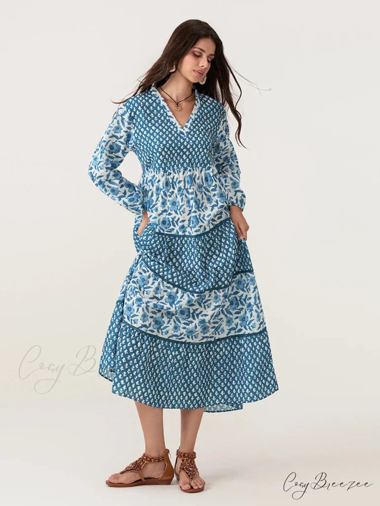 Autumn Floral Long Sleeve V-Neck Loose A-Line Dress Blue / S floraldress-250126