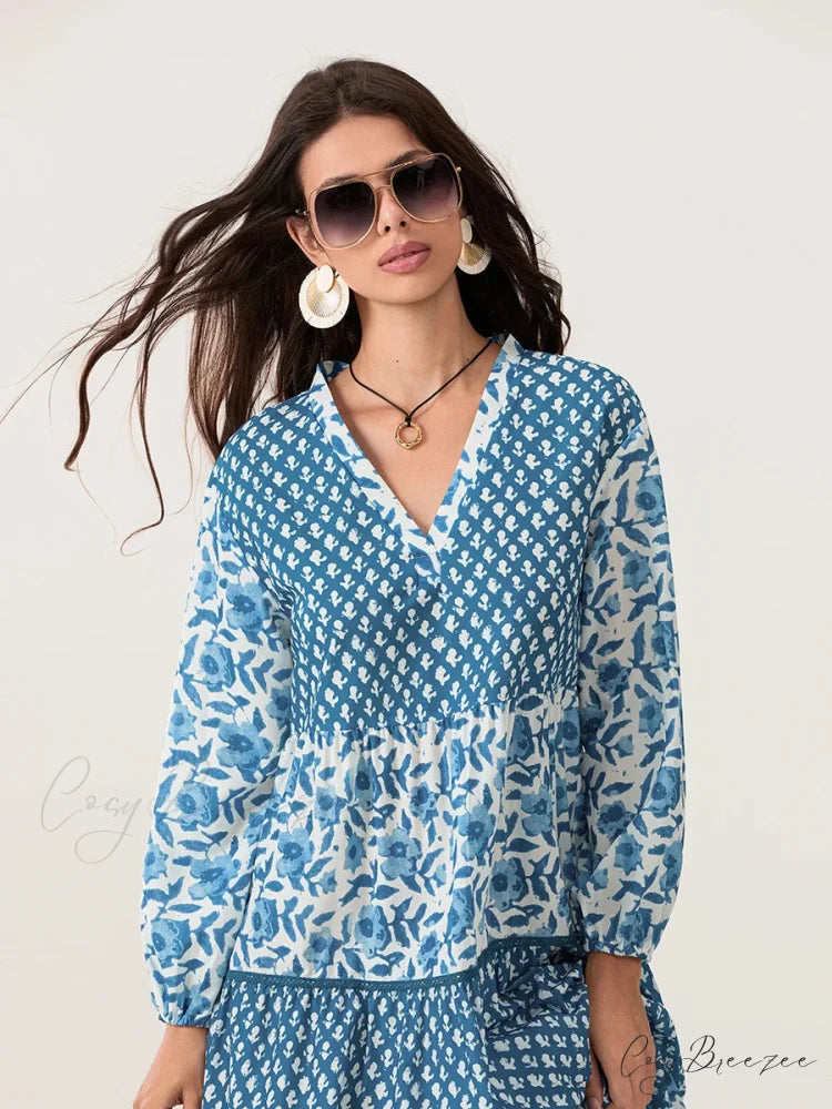 Autumn Floral Long Sleeve V-Neck Loose A-Line Dress floraldress-250126