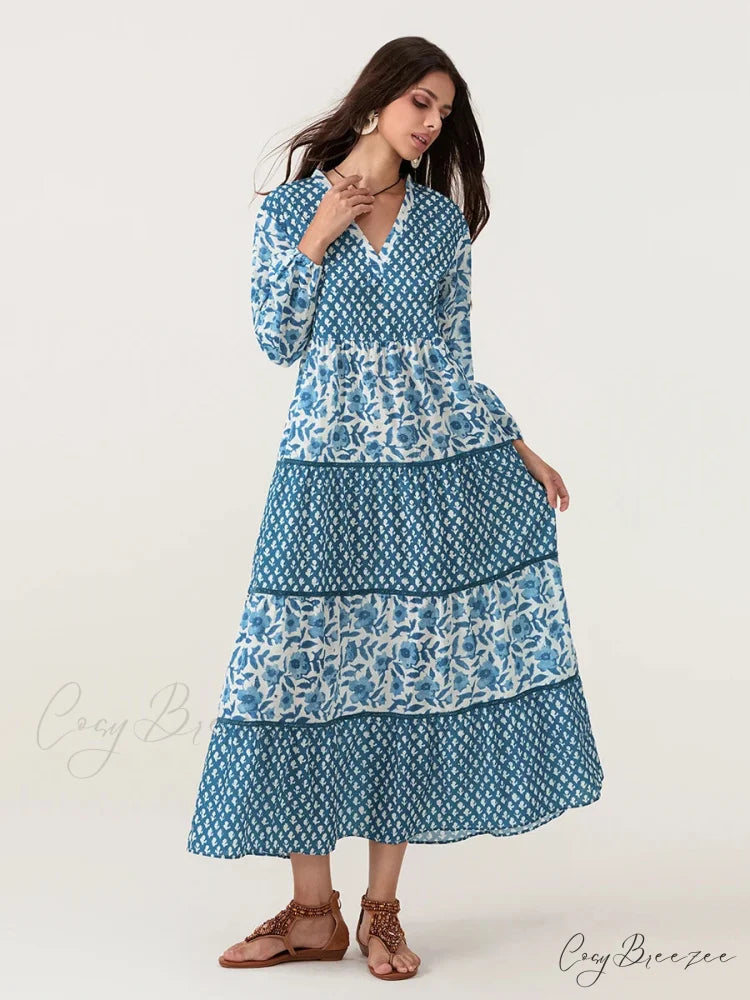 Autumn Floral Long Sleeve V-Neck Loose A-Line Dress floraldress-250126