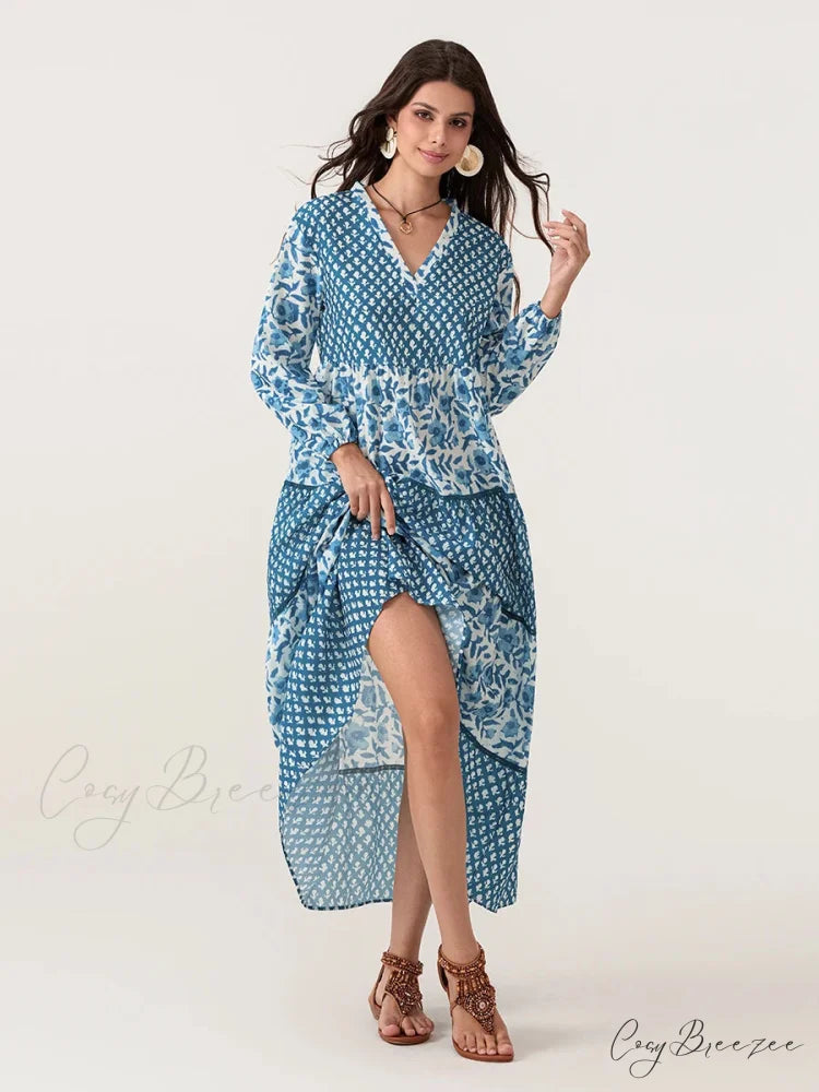 Autumn Floral Long Sleeve V-Neck Loose A-Line Dress floraldress-250126