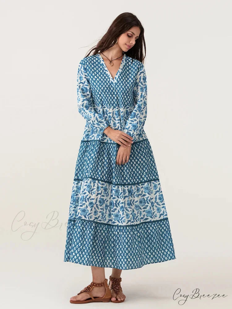 Autumn Floral Long Sleeve V-Neck Loose A-Line Dress floraldress-250126