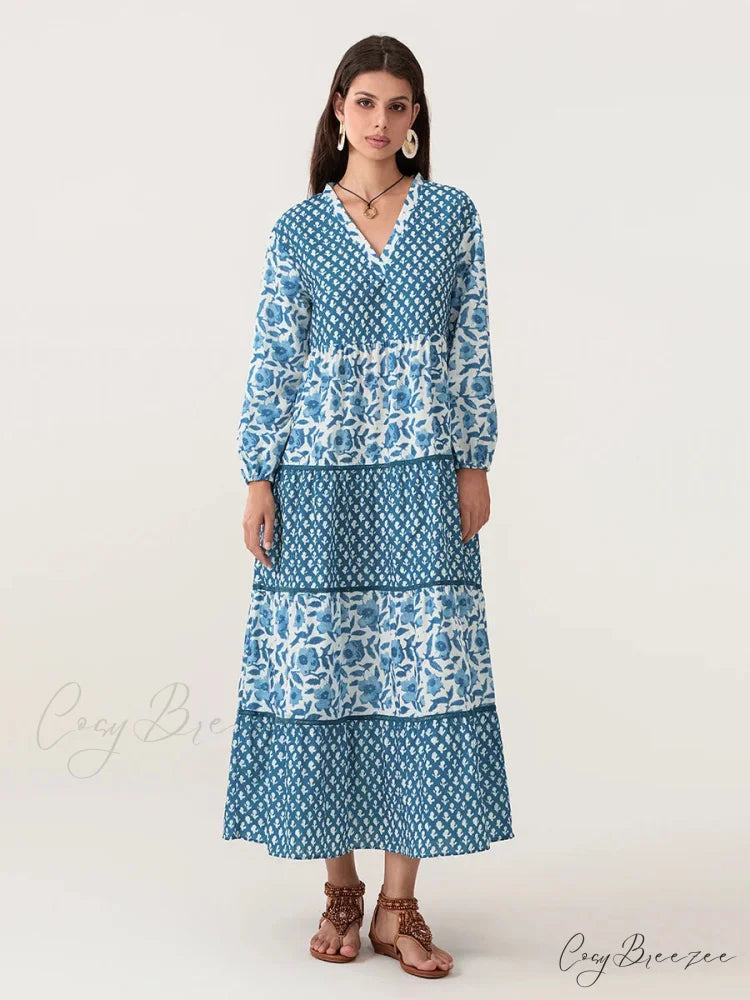 Autumn Floral Long Sleeve V-Neck Loose A-Line Dress floraldress-250126