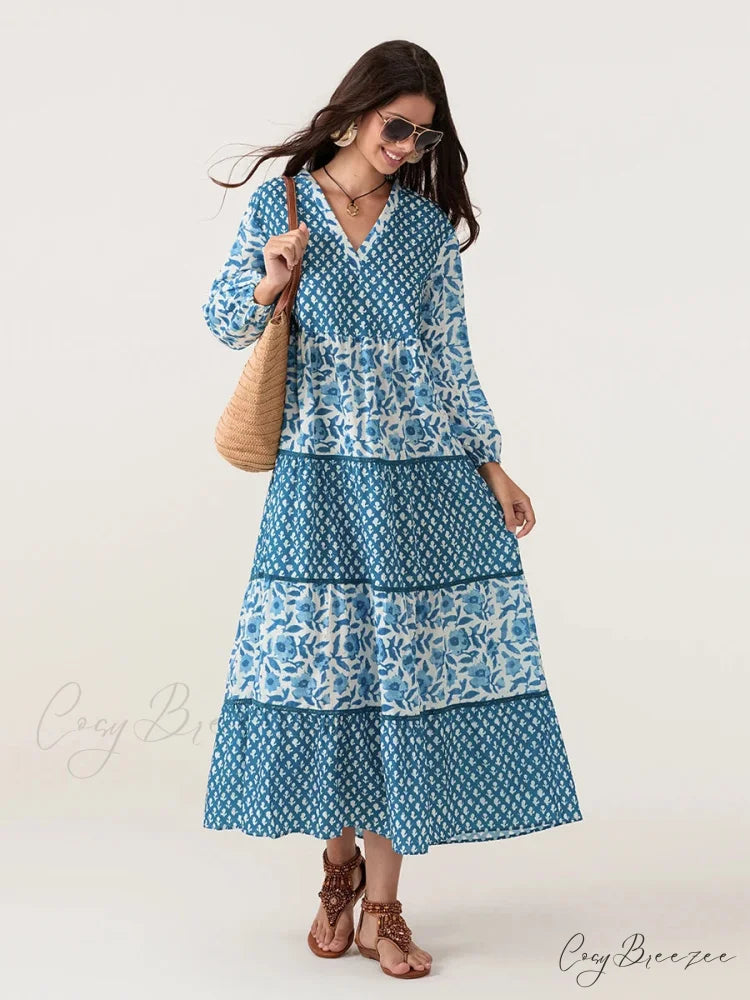 Autumn Floral Long Sleeve V-Neck Loose A-Line Dress floraldress-250126