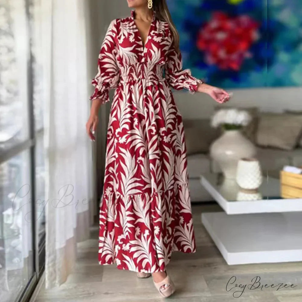 Autumn Floral Print Long Sleeve Boho Dress White and red / S