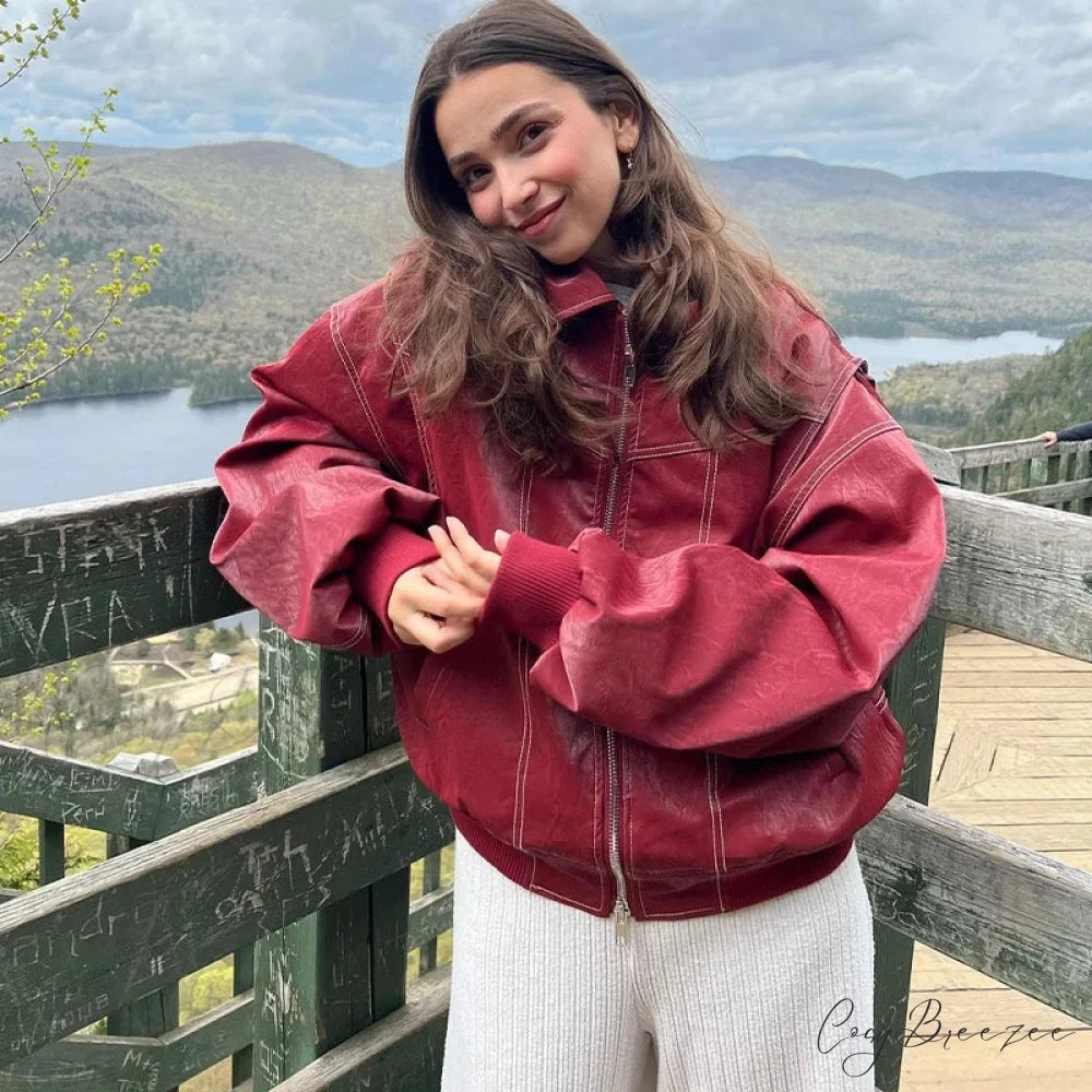 Autumn Leather Oversize Long Sleeve Turn-down Collar Fashion Casual Jacket Red / S