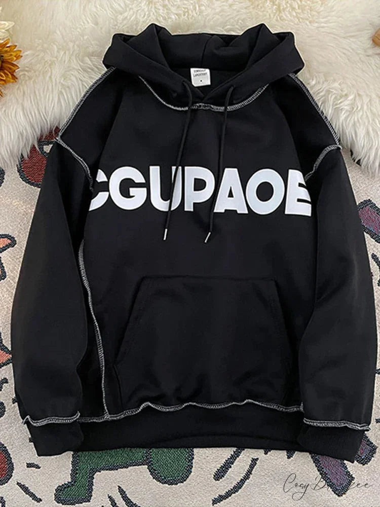 Autumn Letter Print Loose Fleece Hoodie Black / M(40-50KG) hoodies-241228