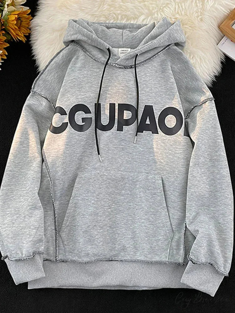 Autumn Letter Print Loose Fleece Hoodie GRAY / M(40-50KG) hoodies-241228