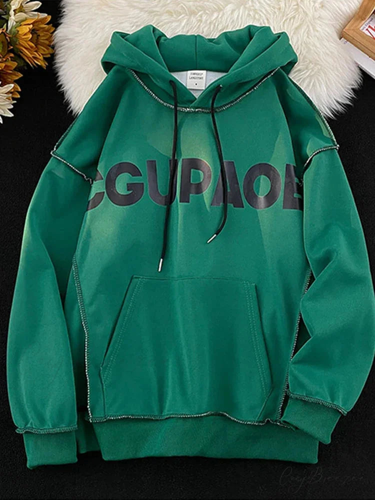 Autumn Letter Print Loose Fleece Hoodie Green / M(40-50KG) hoodies-241228