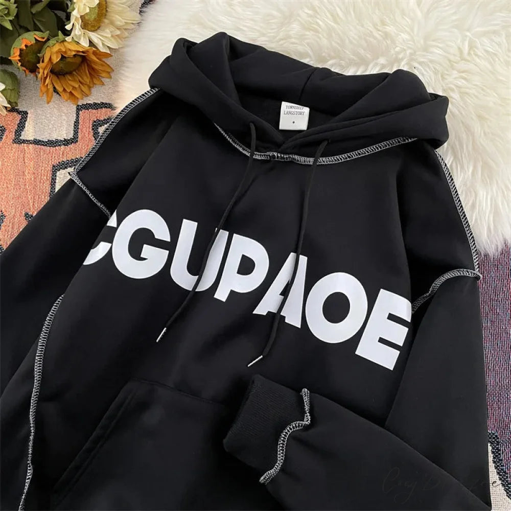 Autumn Letter Print Loose Fleece Hoodie hoodies-241228